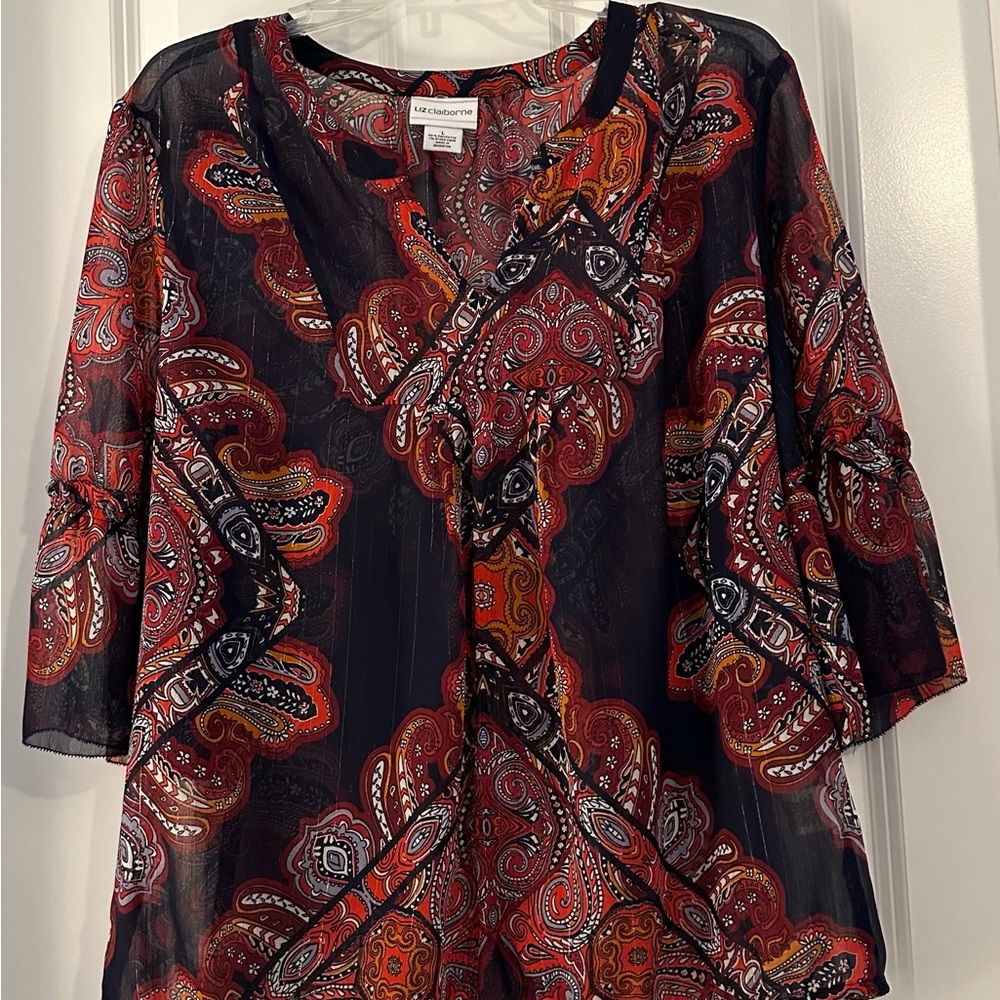 Liz Claiborne Size  Large V-neck 3/4 Sleeves Sheer Blouse